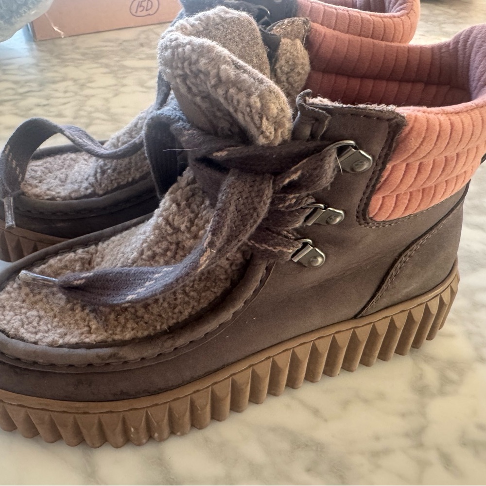 Brown and Pink Shearling Lined Boots